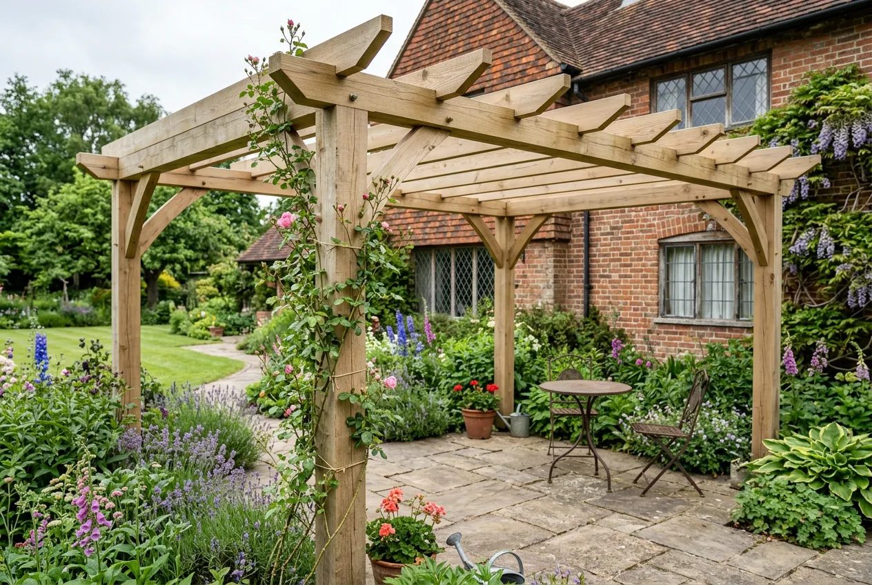 Timber pergola with open rafters and a climbing rose in a mature cottage garden